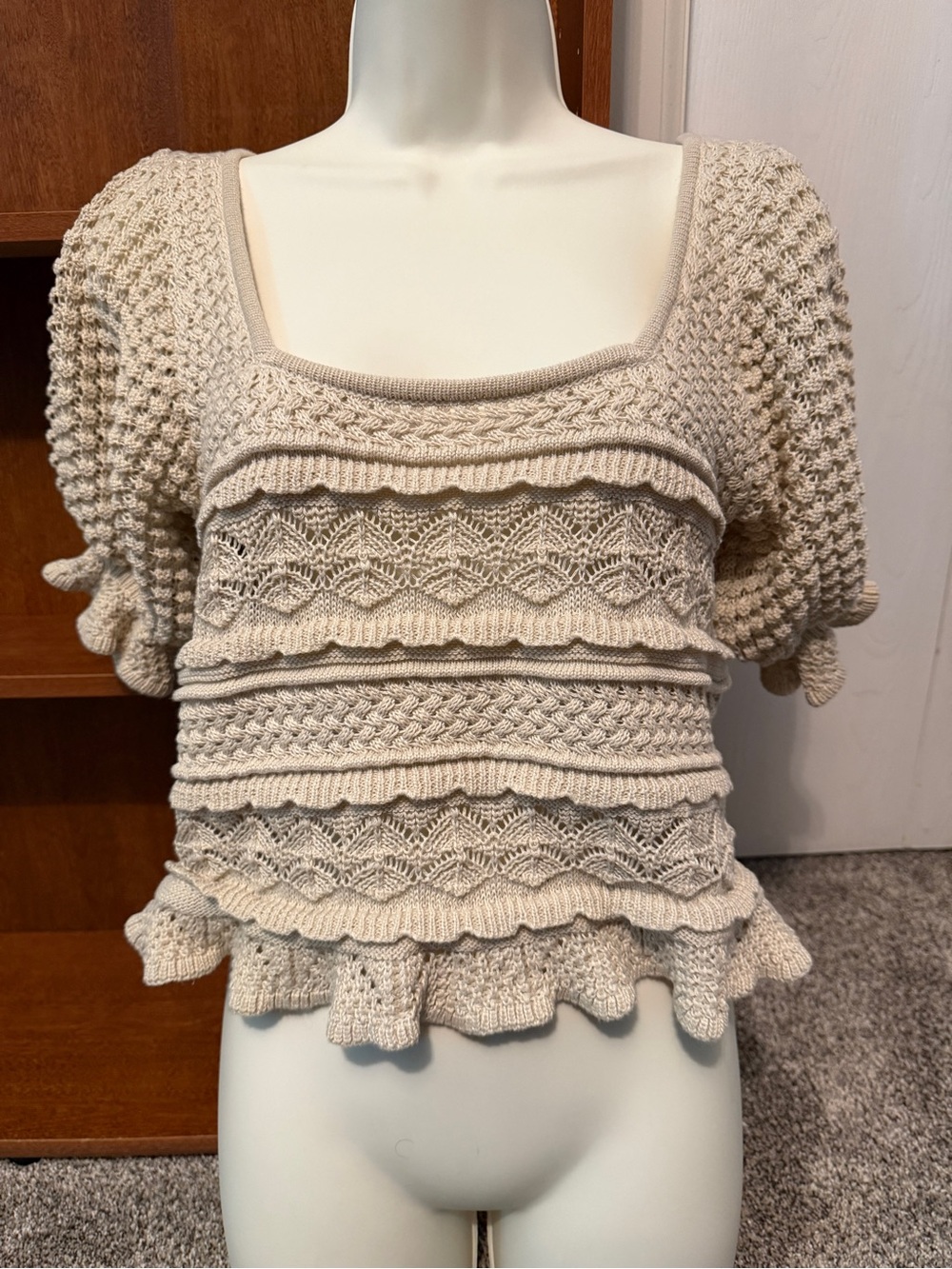 BiBi Cream Ruffle Knit Square Neck Sweater